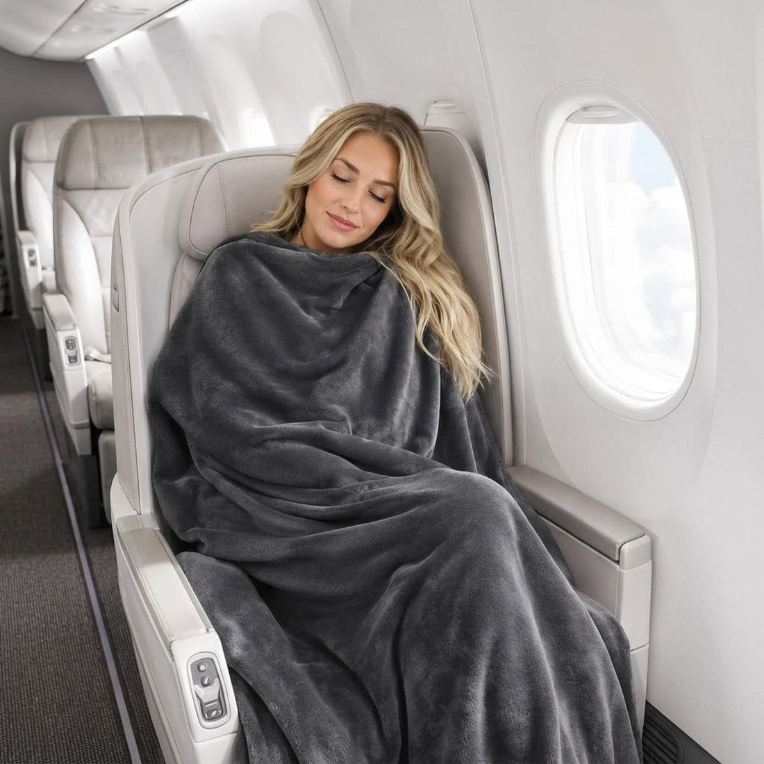 Woman sleeping in an airplane seat wrapped in a soft, charcoal gray Wayfarer travel blanket.
