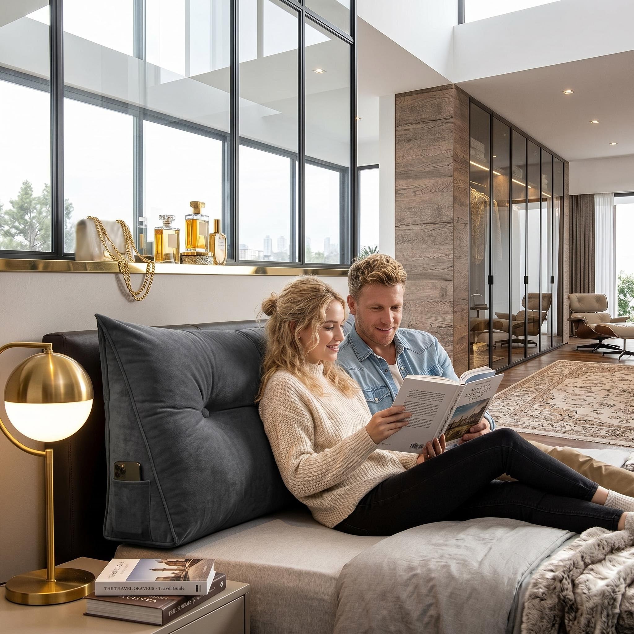 Couple relaxing on a bed with a dark gray wedge pillow, featuring a side pocket and button tufting.