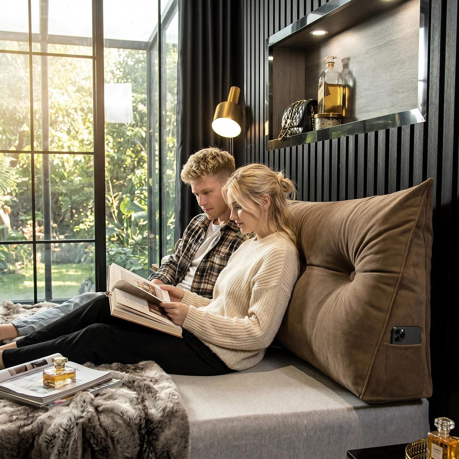 Couple relaxing on a bed with a large brown wedge pillow, featuring a side pocket for a phone.