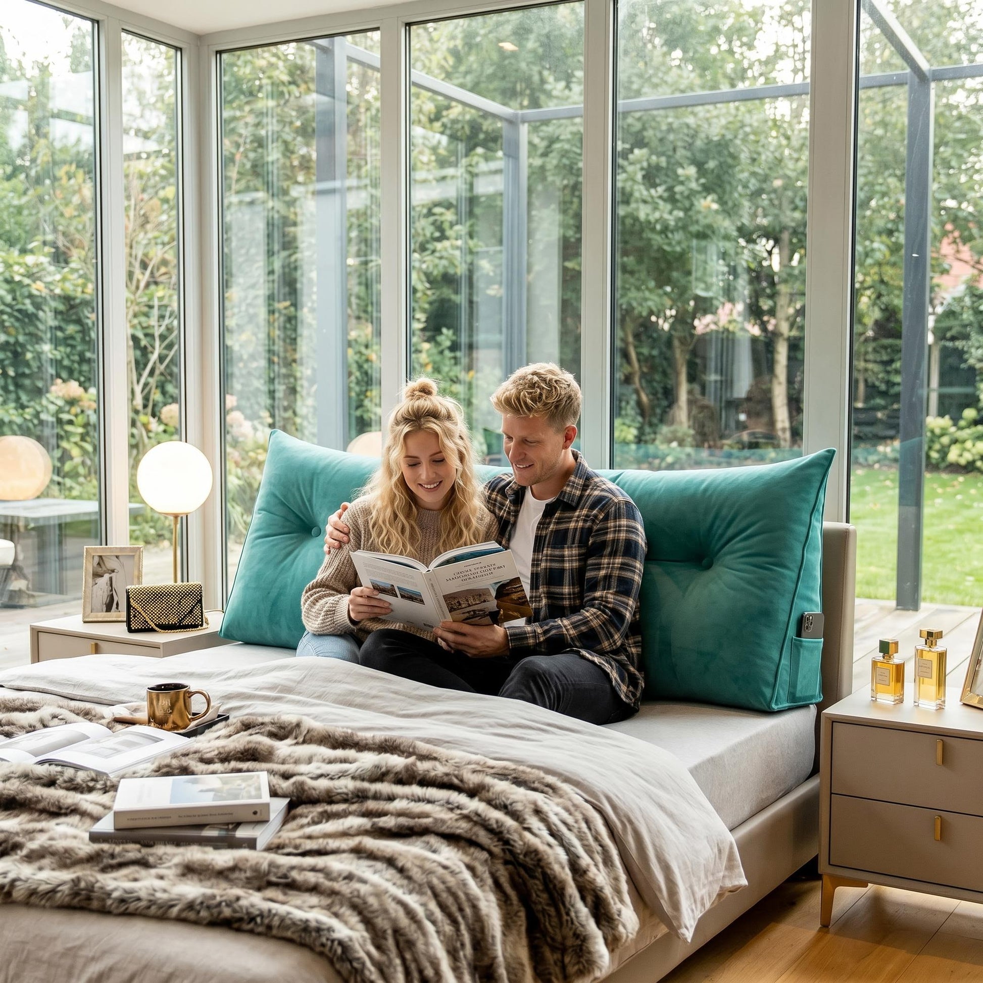 Couple reading in bed with a teal wedge pillow, side pocket visible.