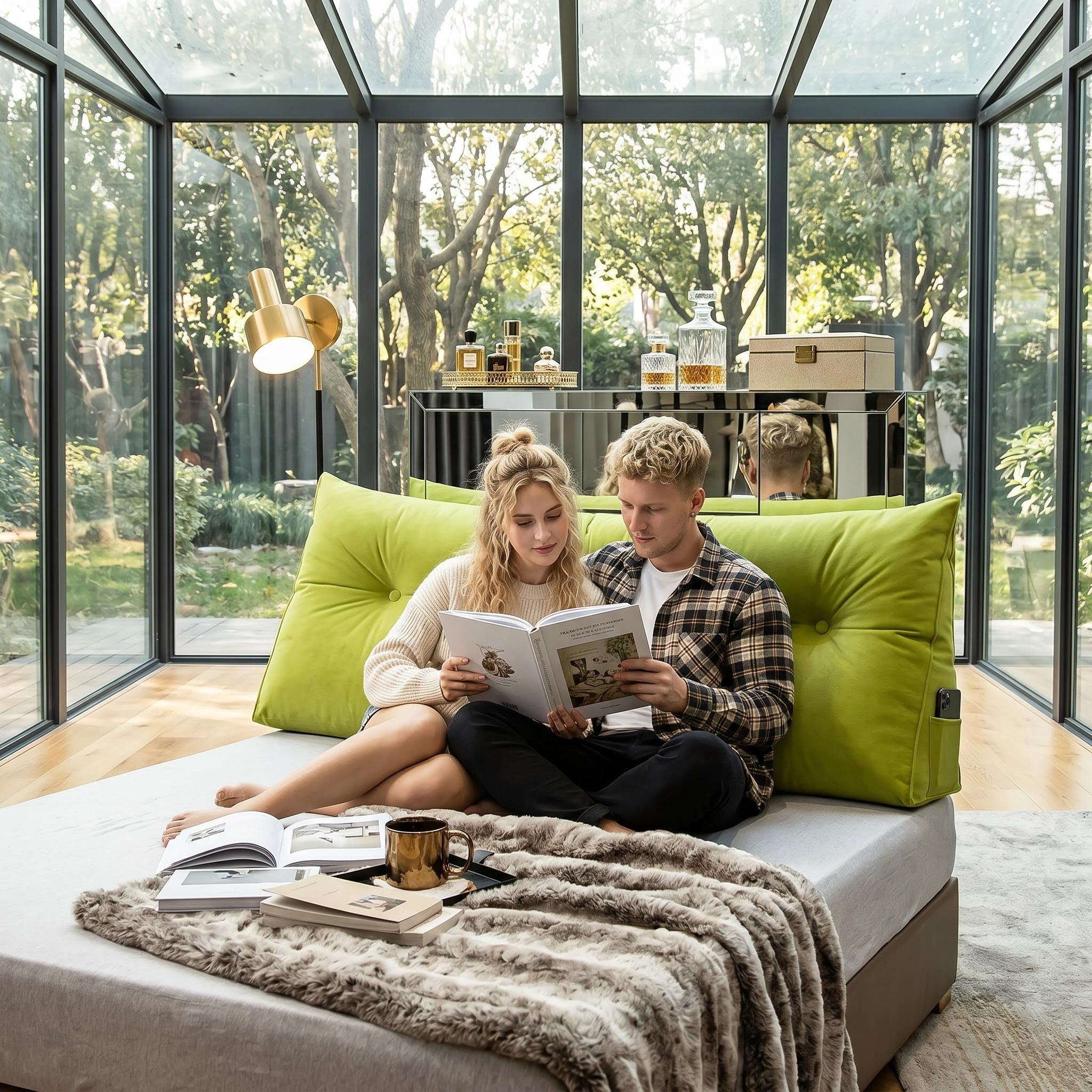 Couple relaxing on a bed with a large lime green wedge pillow, reading books in a bright room.
