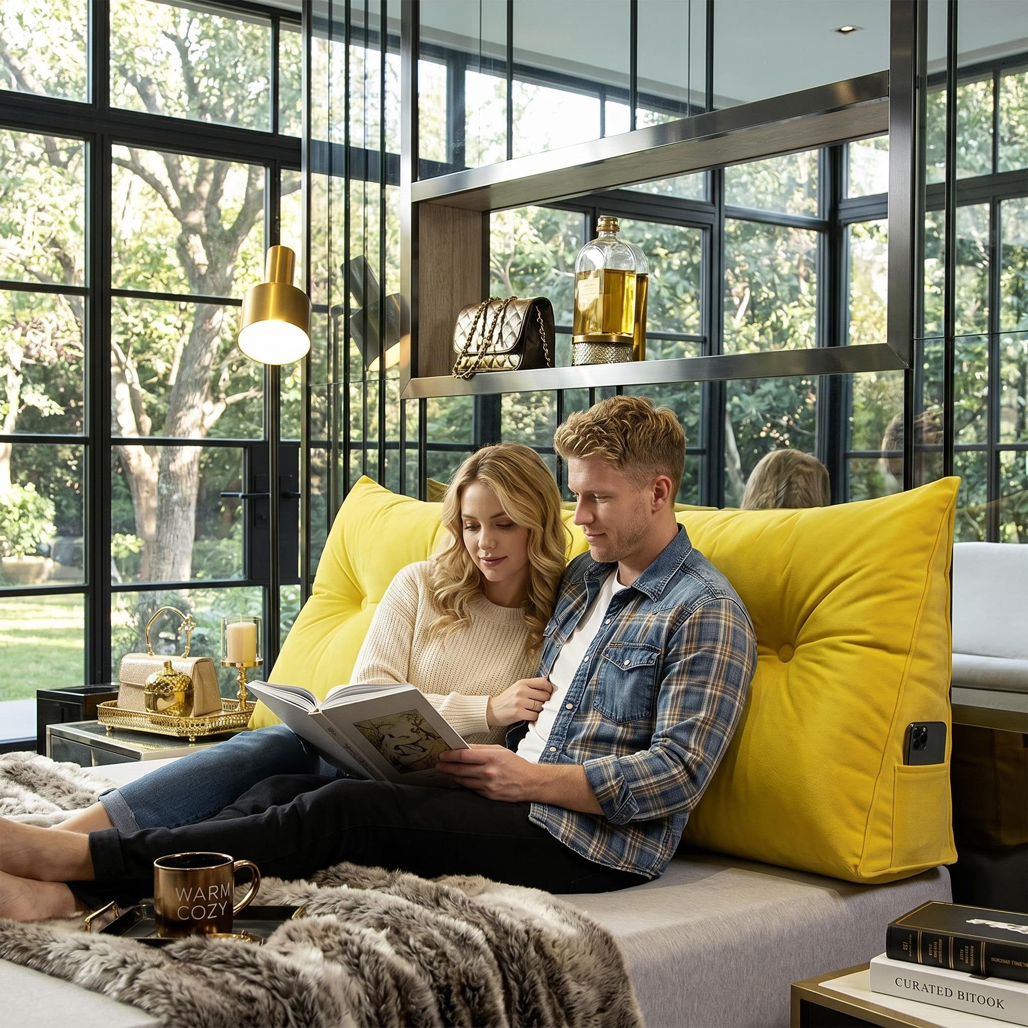 Couple relaxing on bed with a large yellow wedge pillow, reading a book. Features a side pocket.