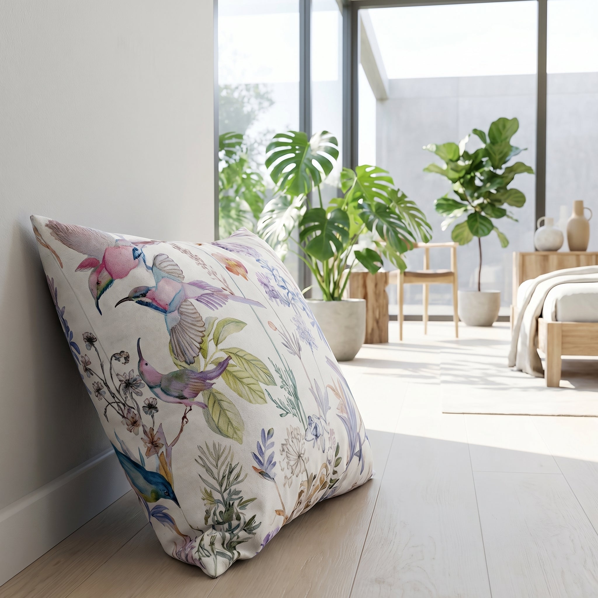 Cotton pillow with whimsical birds and delicate florals in a bright bedroom.