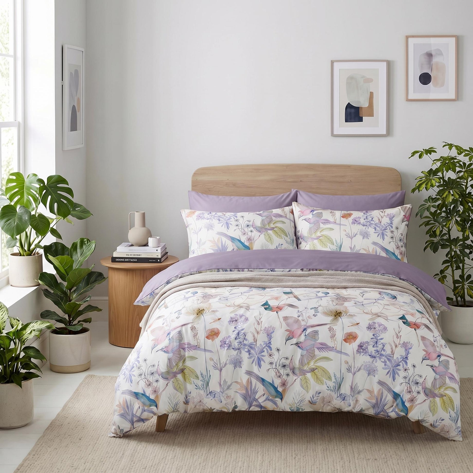 Whimsical Birds Bedding Set with playful birds and florals on a white cotton duvet, reversible to lilac.