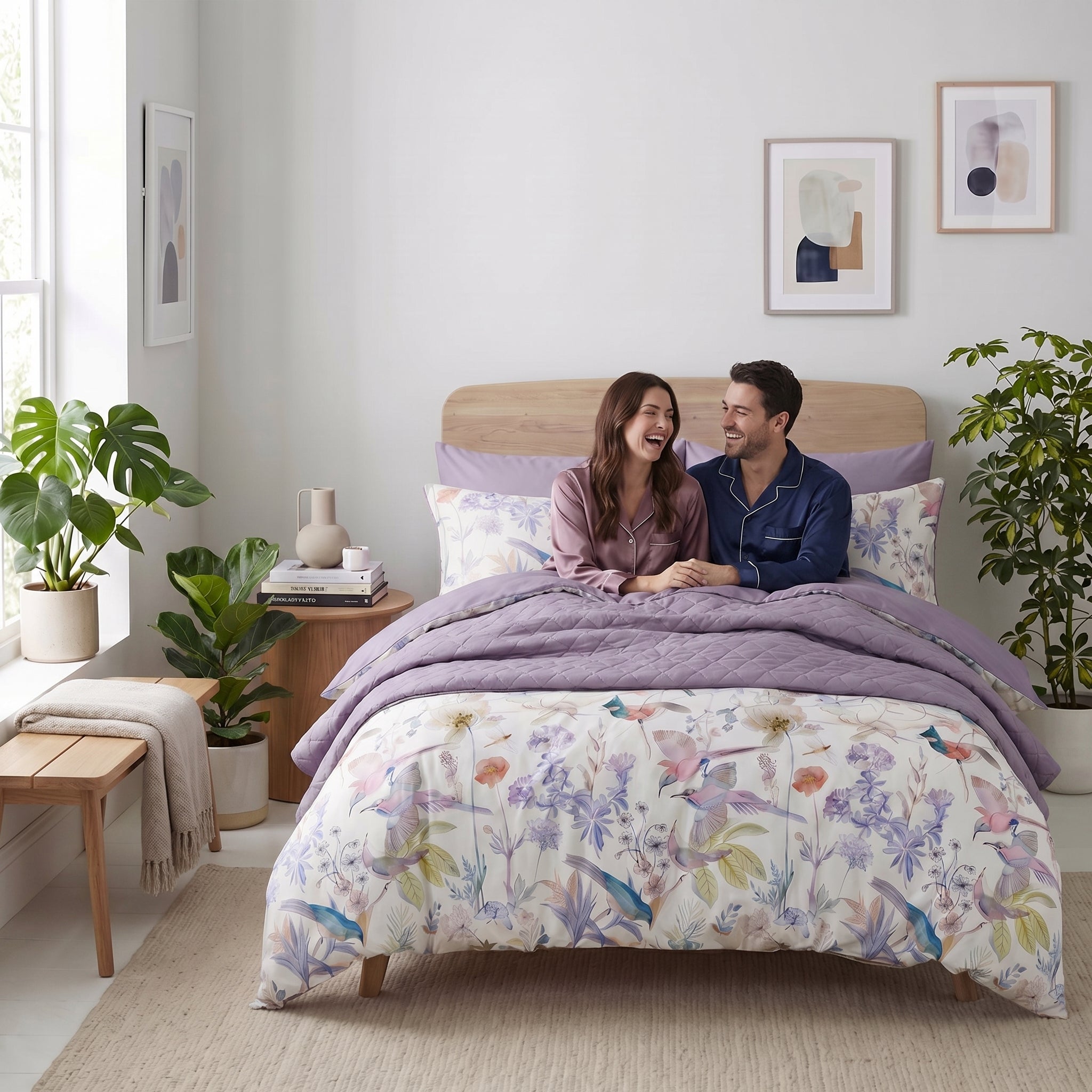 Whimsical Birds Bedding Set with playful birds and florals, reversible lilac underside, on a Queen bed.