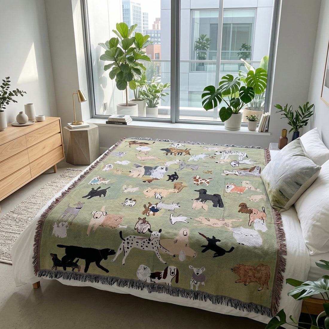 Blonde woman wrapped in a whimsical green cartoon dog blanket, reading in a modern, bright room.