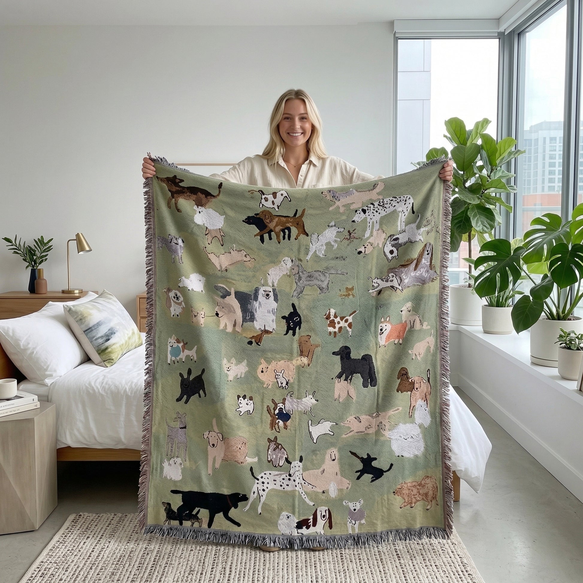 Smiling woman holding a large, olive green woven blanket with various cartoon dog breeds and fringe.