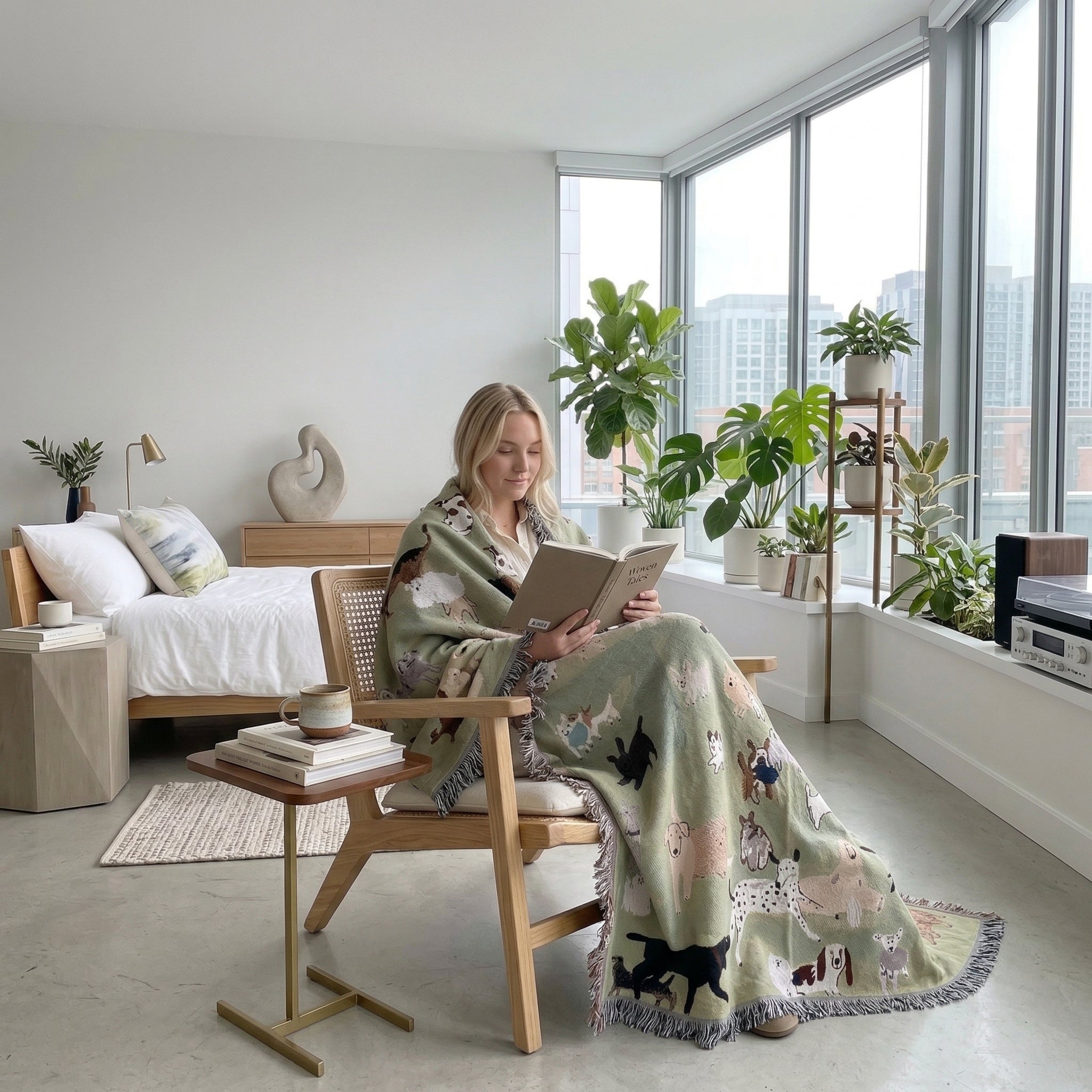 Blonde woman wrapped in a whimsical green cartoon dog blanket, reading in a modern, bright room.