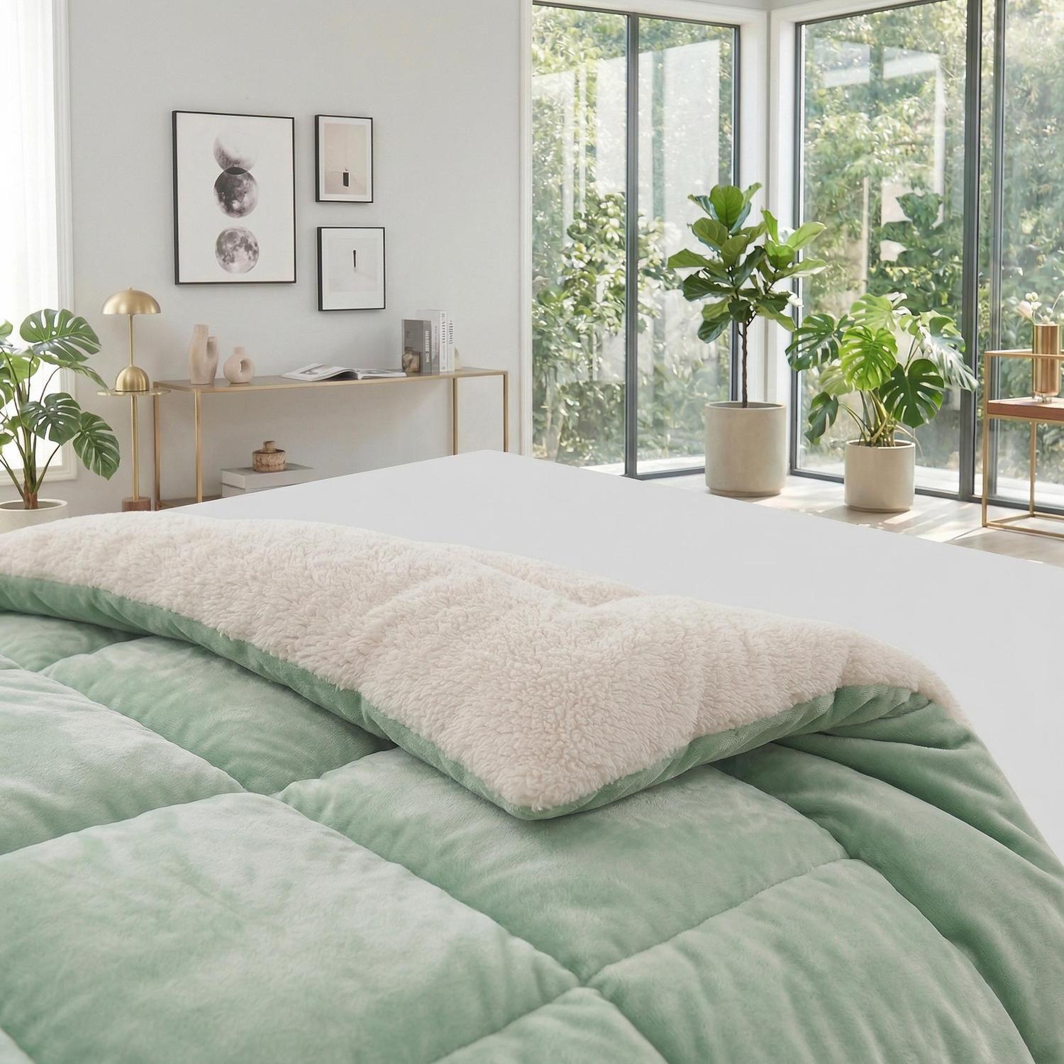 Soft mint green quilted blanket with a cozy cream sherpa lining on a white bed in a bright room.