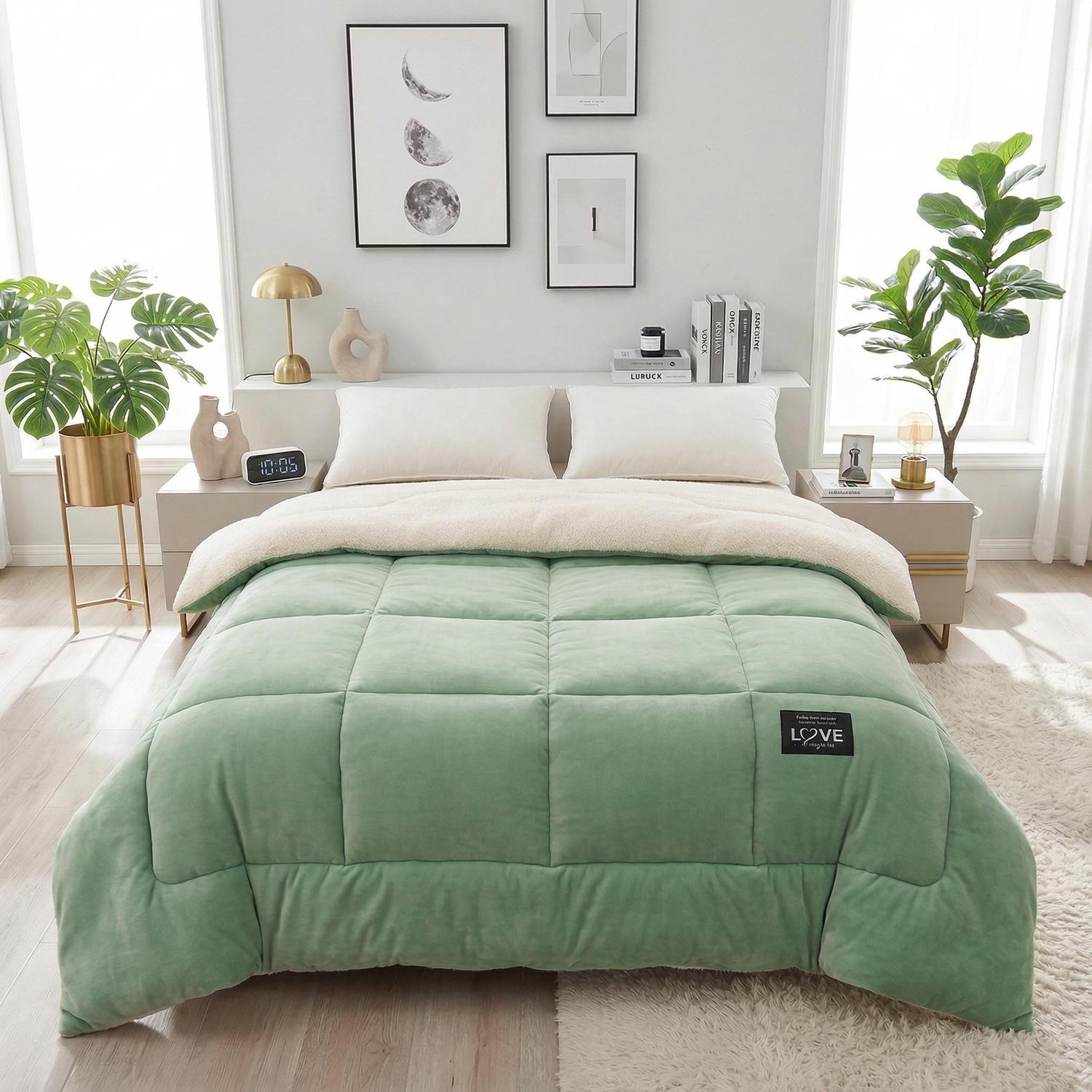 Soft green quilted blanket with a cozy cream sherpa lining on a bed in a bright bedroom.