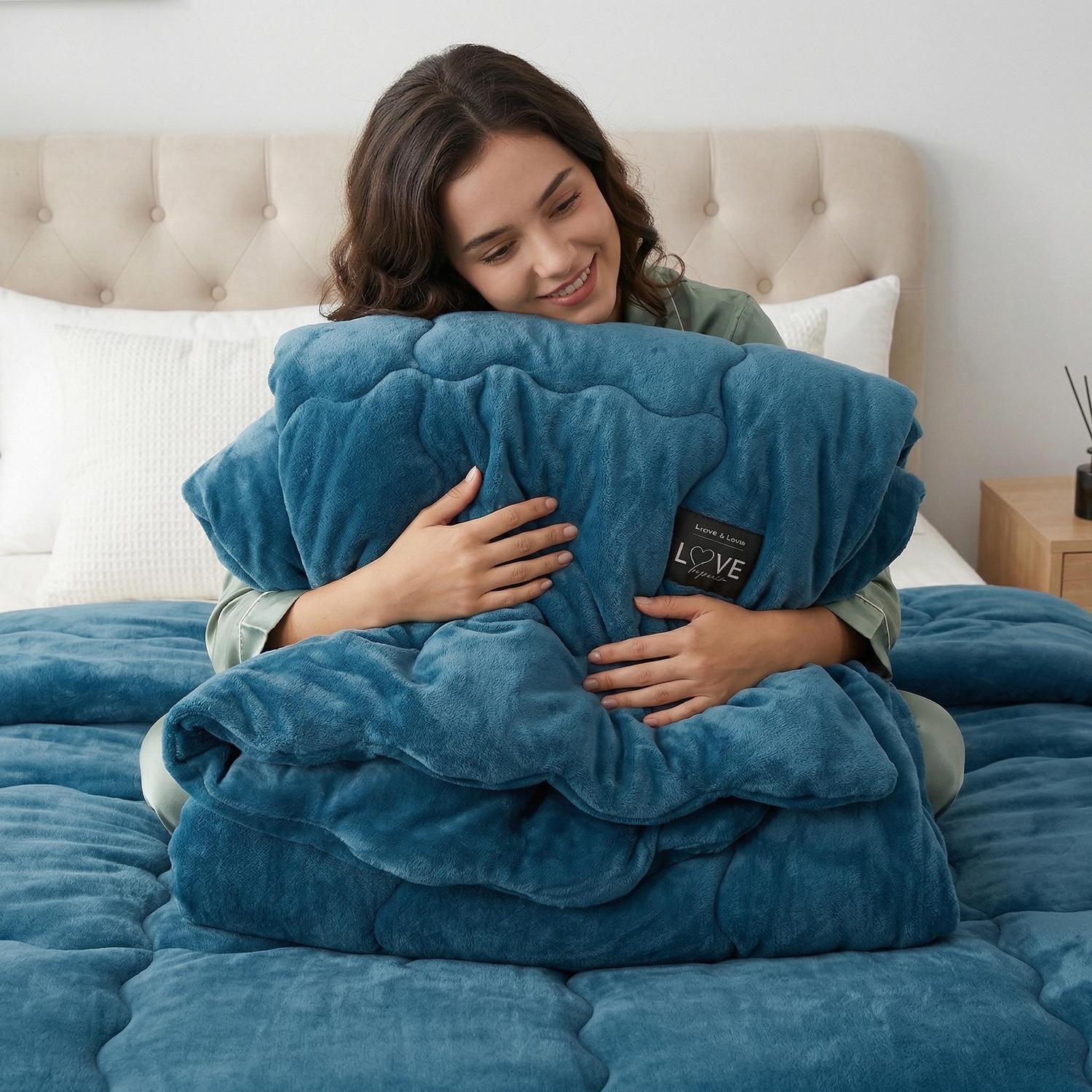 Smiling woman hugging a cozy, quilted teal blue polyester blanket with a "LOVE" tag.