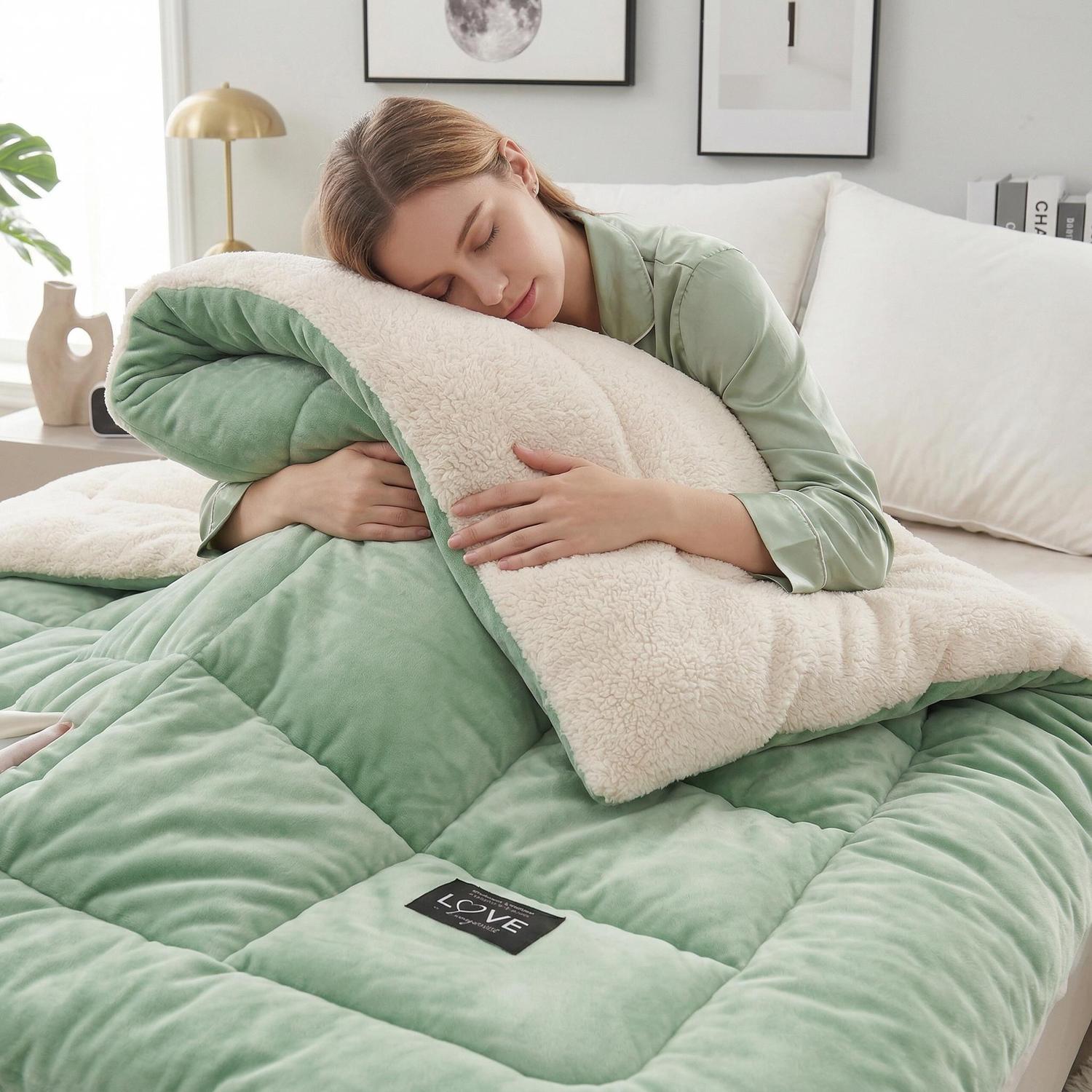 Cozy woman sleeping with a reversible green and cream sherpa-lined quilted blanket.