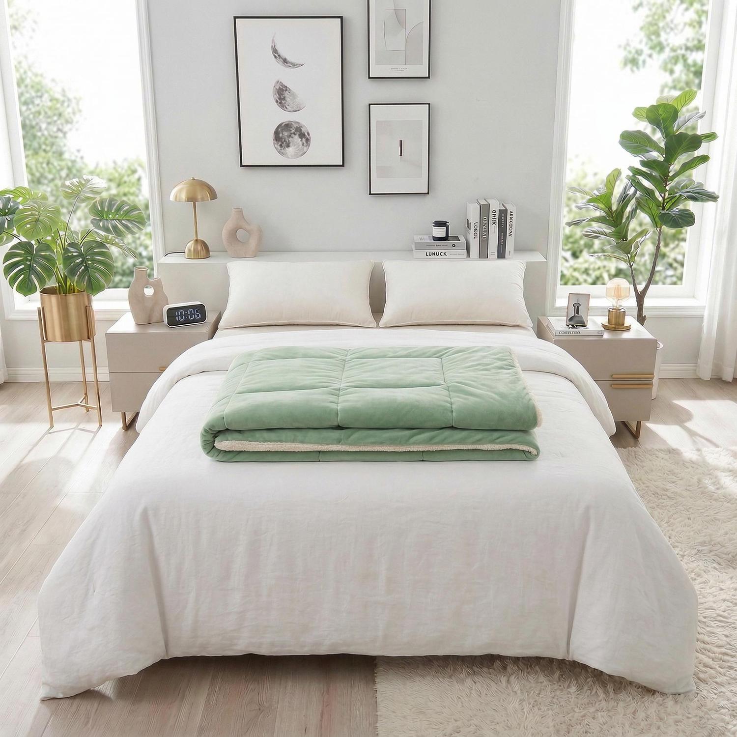 Soft green quilted blanket with sherpa lining folded on a white bed in a bright bedroom.
