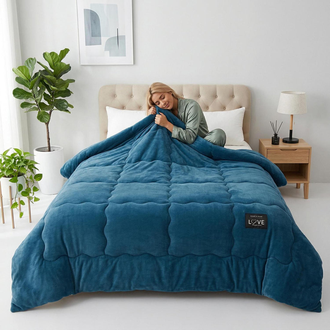 Cozy woman wrapped in a plush, quilted teal blue Winter Warm Quilt Blanket on a bed.