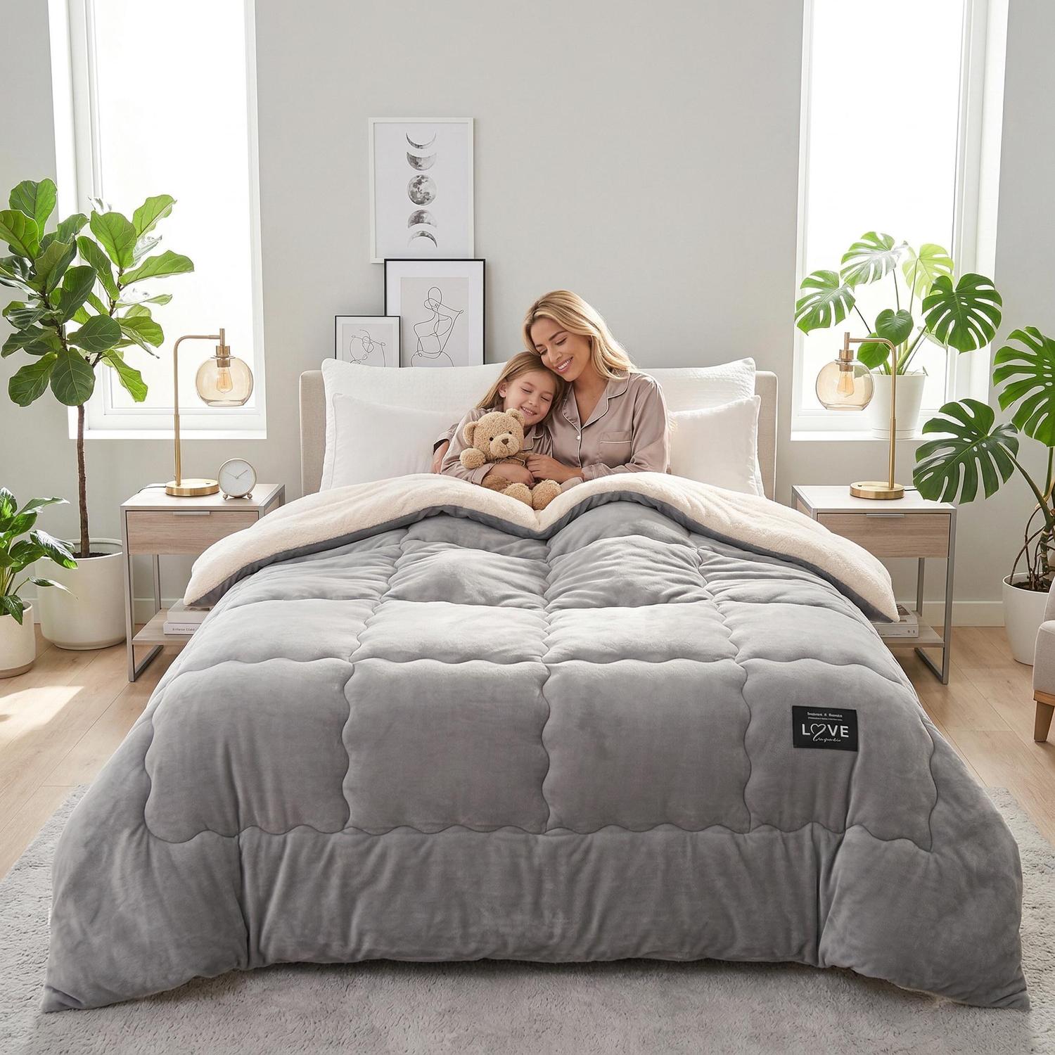 Gray plush quilted blanket with a cream sherpa reverse, draped on a bed with a woman and child.