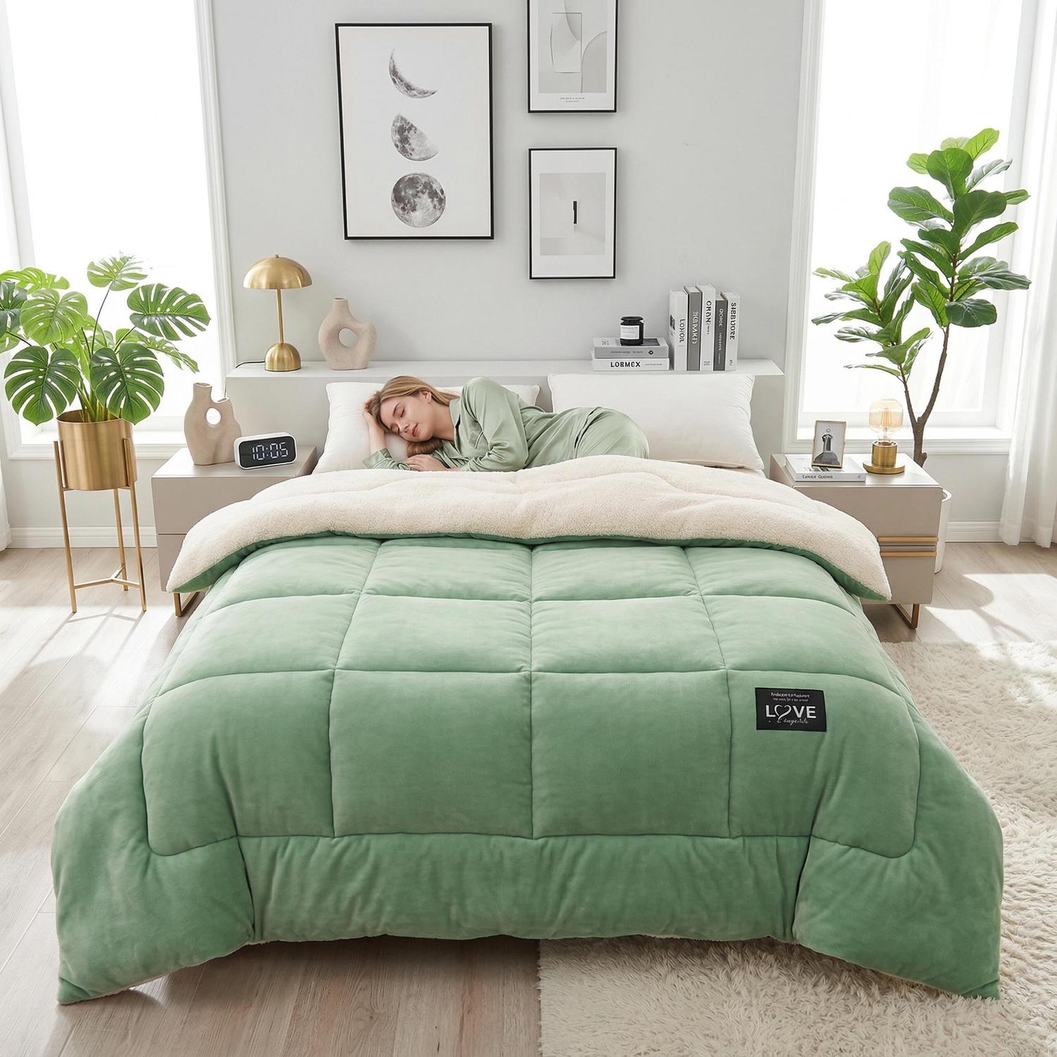 Soft green quilted polyester blanket with fluffy beige sherpa lining on a bed with a sleeping person.