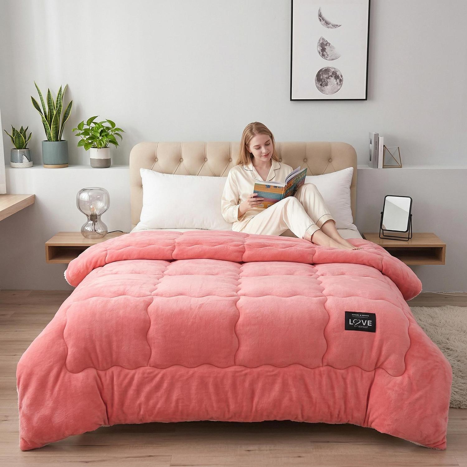 Cozy pink quilted polyester blanket on a bed with a woman reading, enhancing a warm bedroom aesthetic.