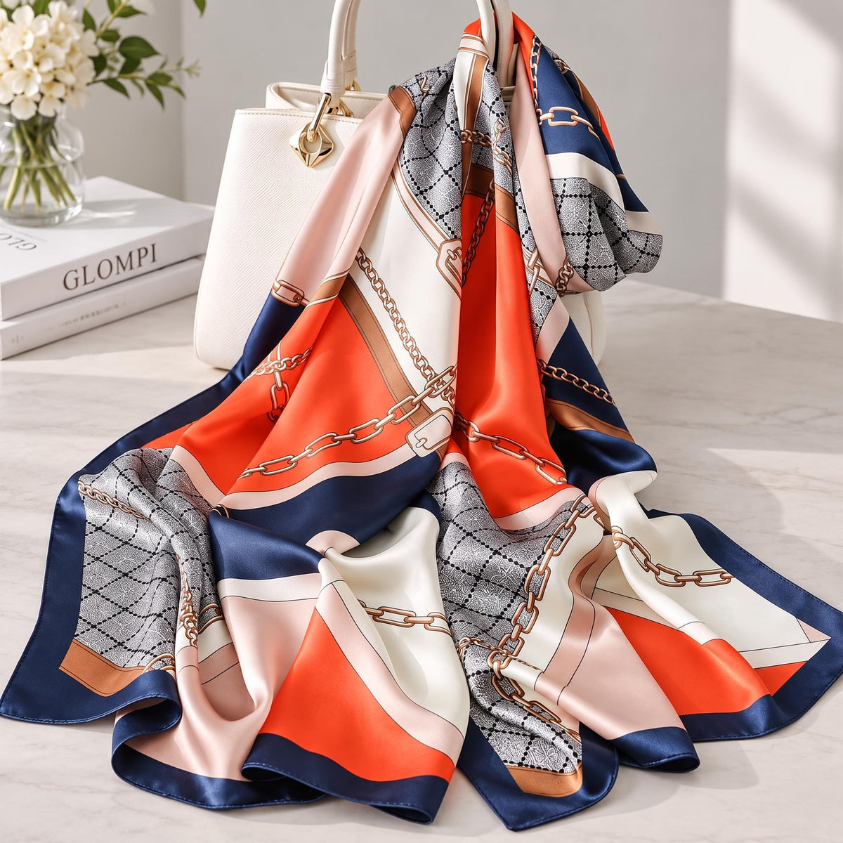 100% mulberry silk scarf with orange, blue, and grid chain link patterns draped over a white handbag.