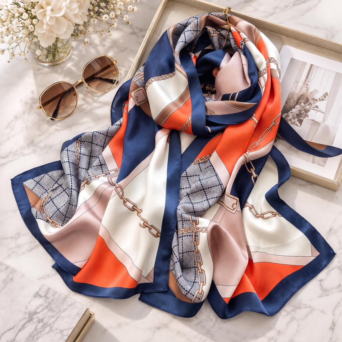 100% mulberry silk scarf featuring a blue, orange, and white chain link and grid pattern on a marble surface.