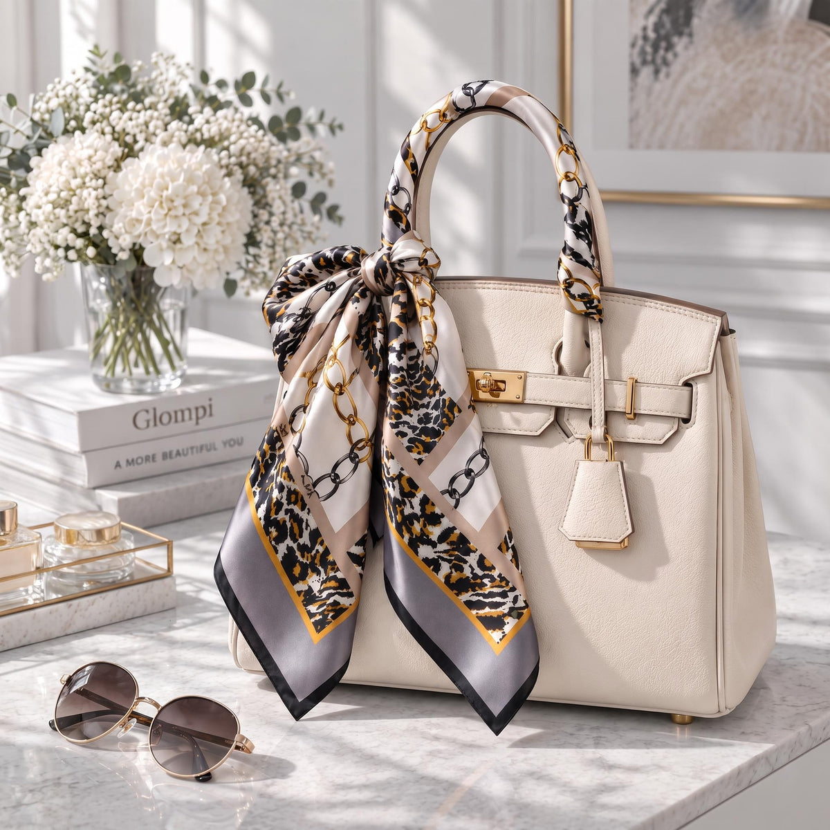 88cm square mulberry silk scarf with gold chain and animal print tied to a beige leather handbag on a marble table.