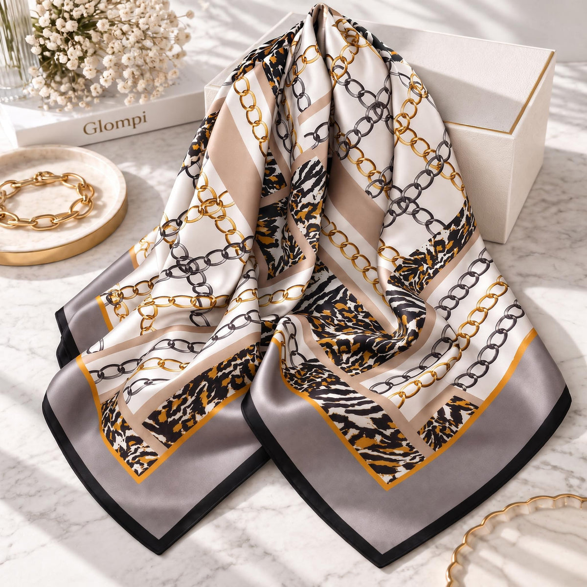 88x88cm square mulberry silk scarf with gold chain and animal print in beige, brown, and black on a marble surface.