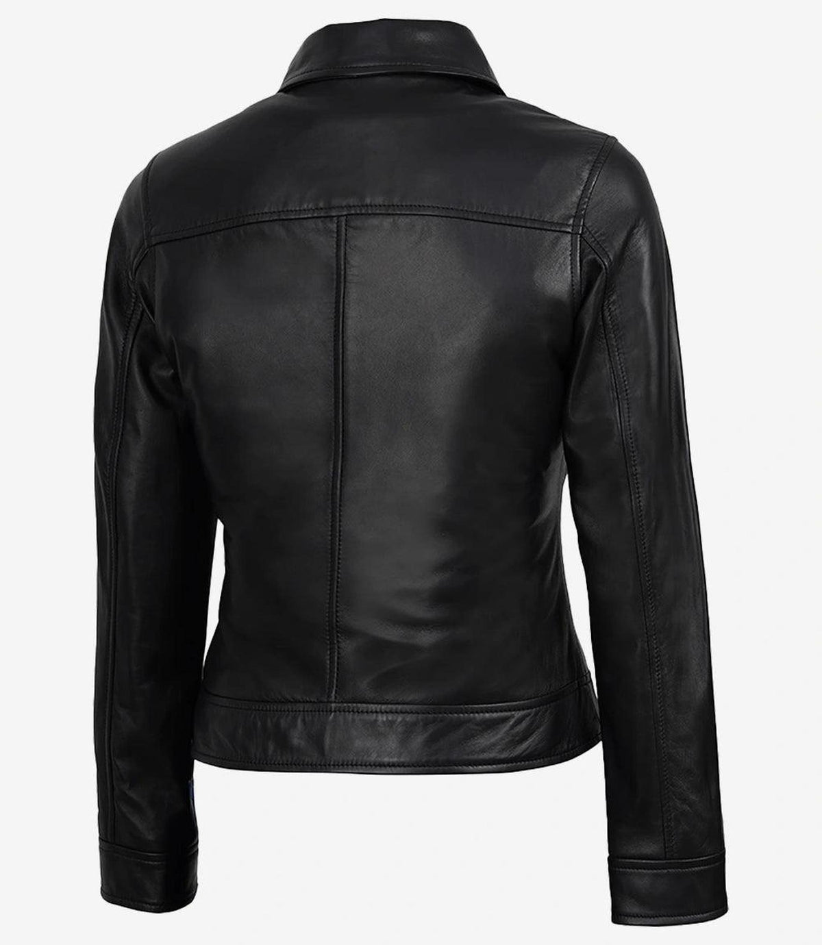 Women's Black Harrington Leather Jacket with Classic Collar-Leather Jackets-Glompi-Glompi