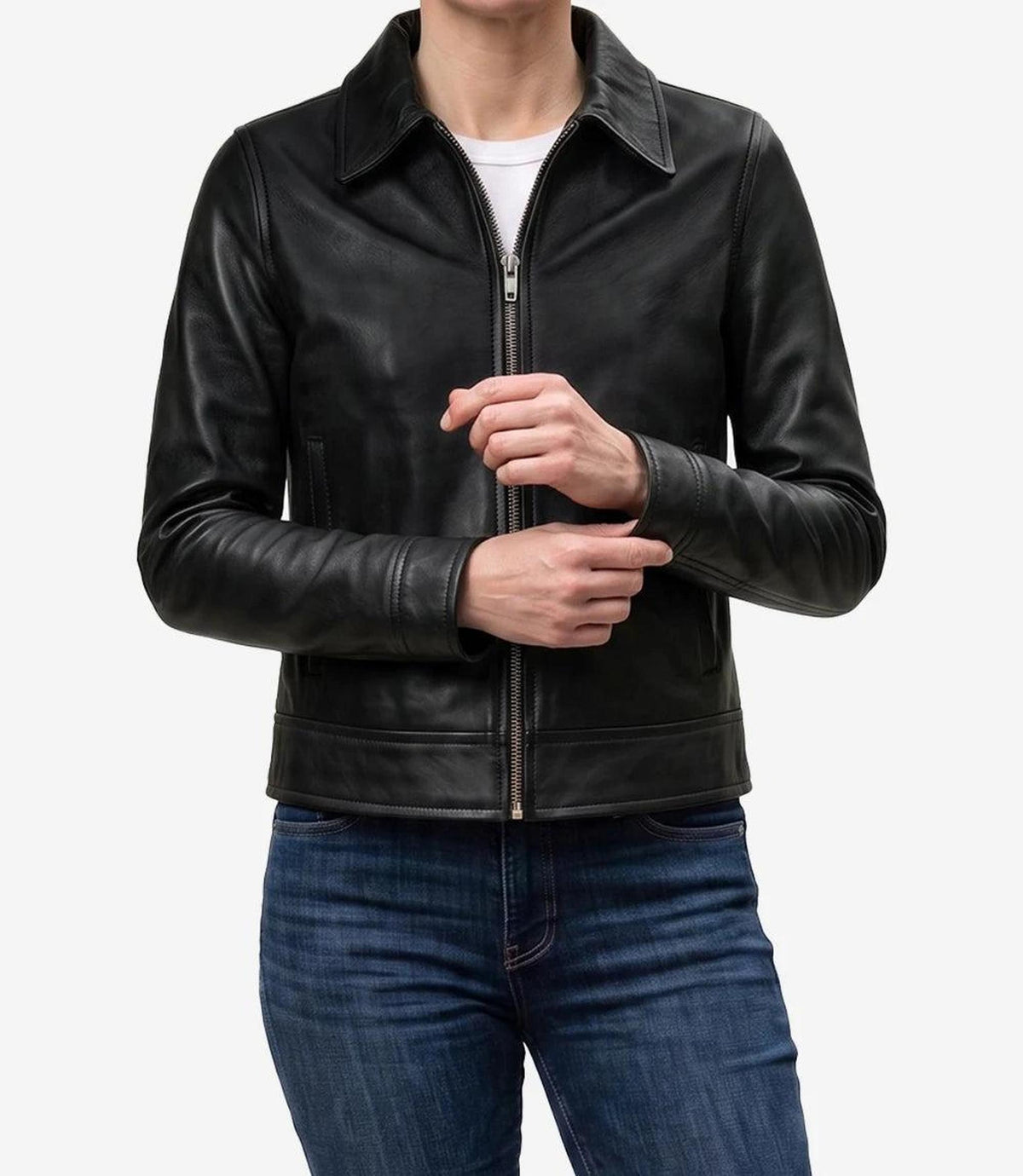 Women's Black Harrington Leather Jacket with Classic Collar-Leather Jackets-Glompi-Glompi