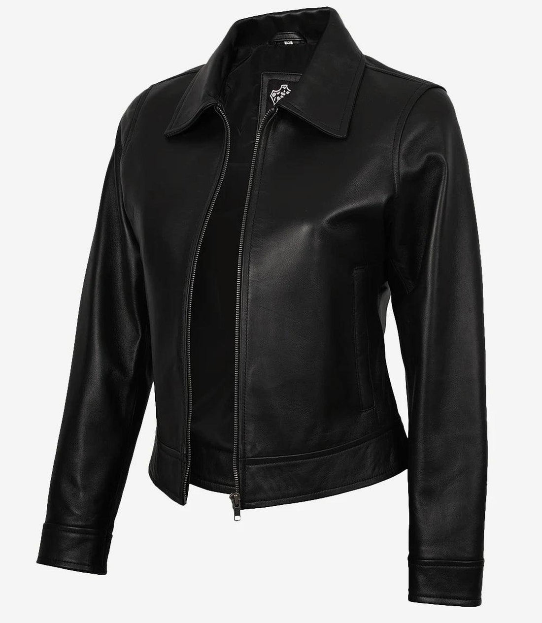 Women's Black Harrington Leather Jacket with Classic Collar-Leather Jackets-Glompi-XS-Glompi
