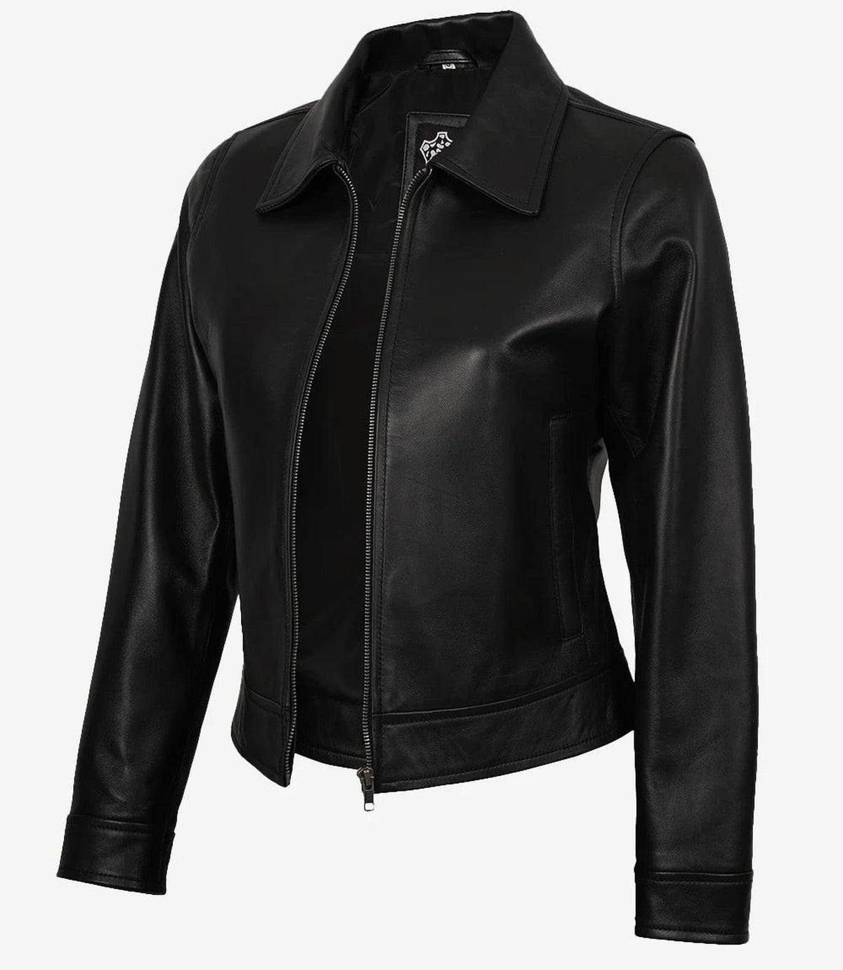 Women's Black Harrington Leather Jacket with Classic Collar-Leather Jackets-Glompi-XS-Glompi