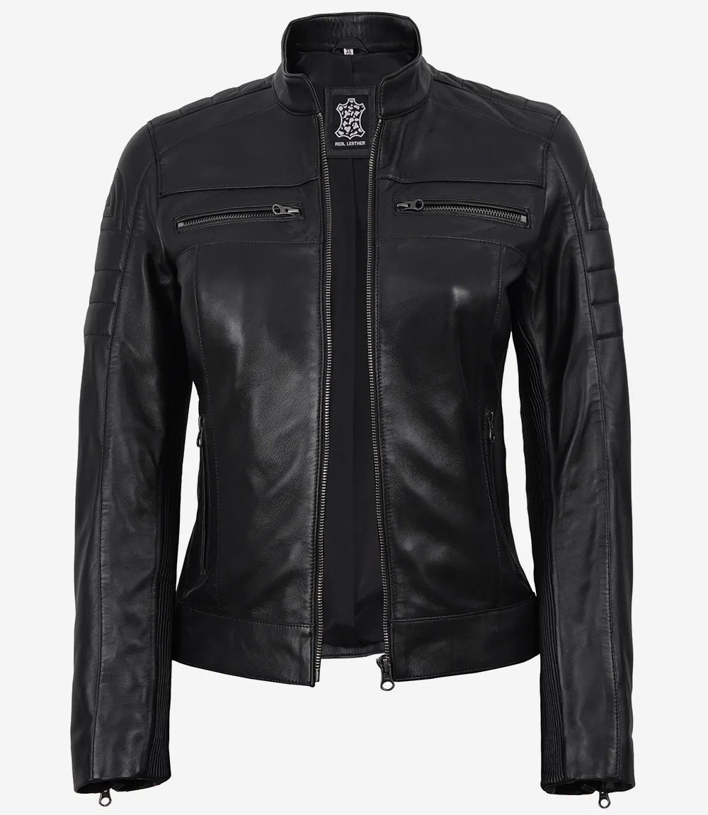 Women's Black Lambskin Leather Biker Jacket-Leather Jackets-Glompi-Glompi