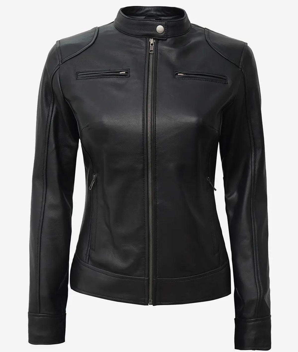 Women's Black Lambskin Leather Biker Jacket 4