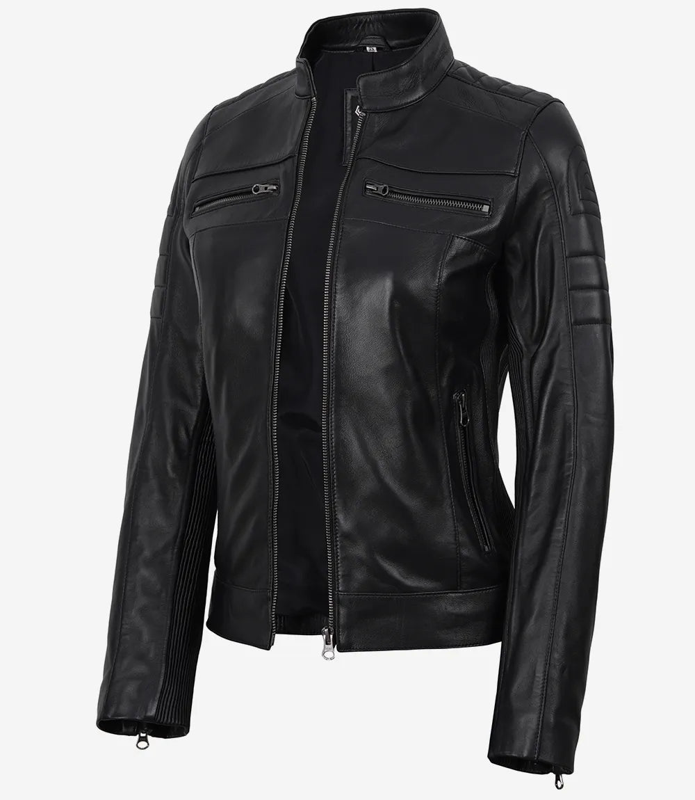 Women's Black Lambskin Leather Biker Jacket-Leather Jackets-Glompi-XS-Glompi