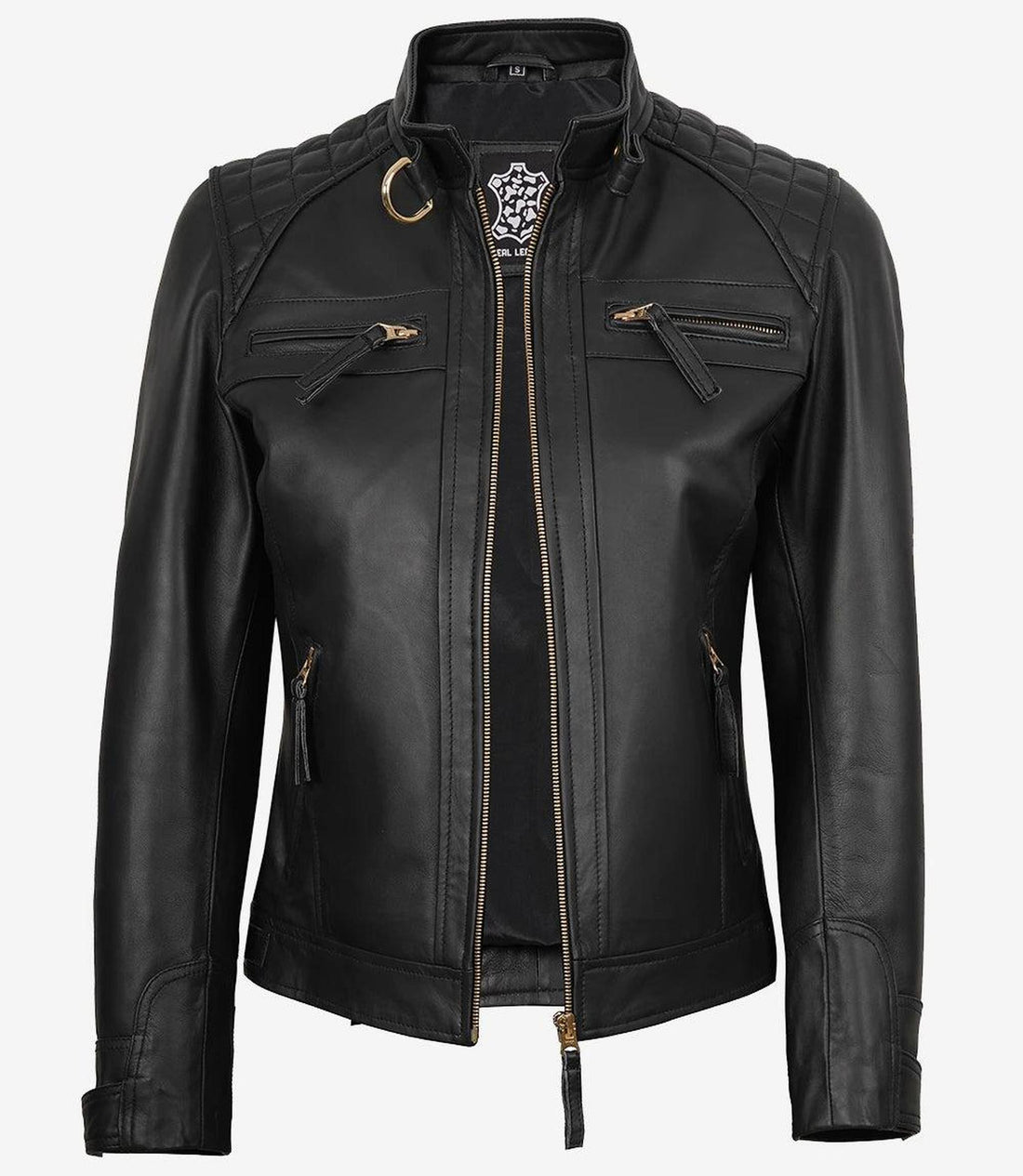Women's Black Lambskin Leather Biker Jacket with Golden Accents-Leather Jackets-Glompi-XS-Glompi