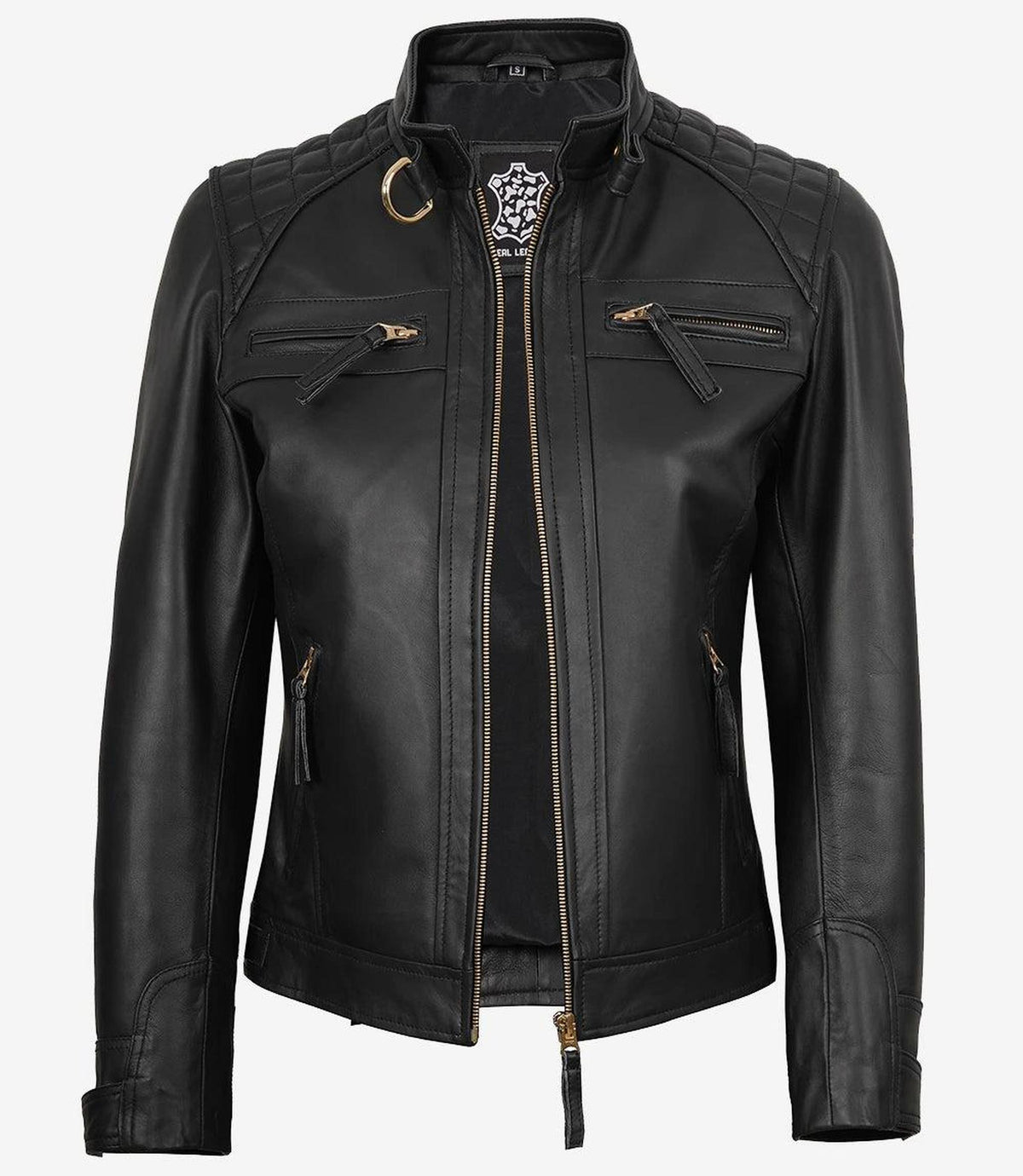 Women's Black Lambskin Leather Biker Jacket with Golden Accents-Leather Jackets-Glompi-Glompi