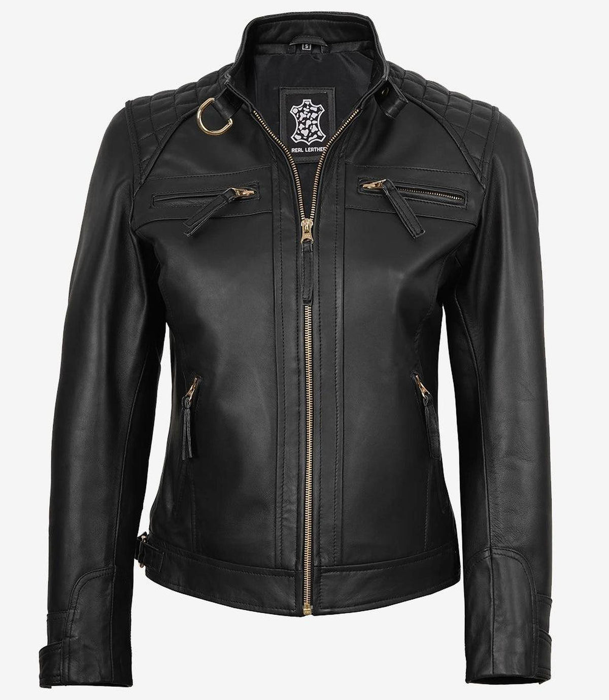 Women's Black Lambskin Leather Biker Jacket with Golden Accents-Leather Jackets-Glompi-Glompi