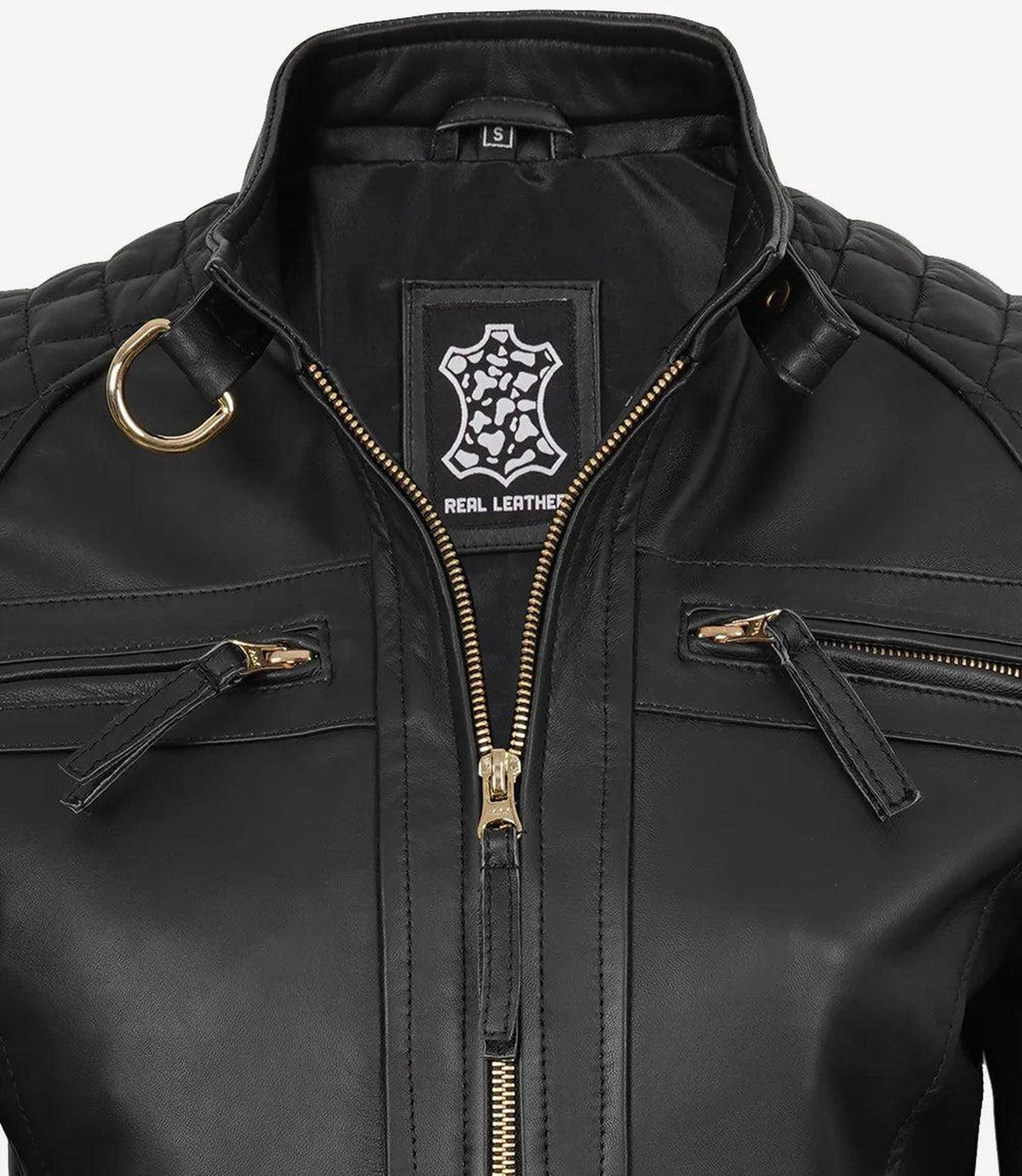 Women's Black Lambskin Leather Biker Jacket with Golden Accents-Leather Jackets-Glompi-Glompi