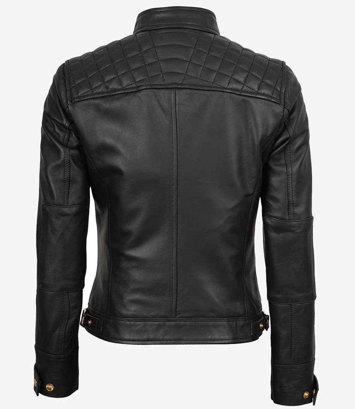 Women's Black Lambskin Leather Biker Jacket with Golden Accents-Leather Jackets-Glompi-Glompi