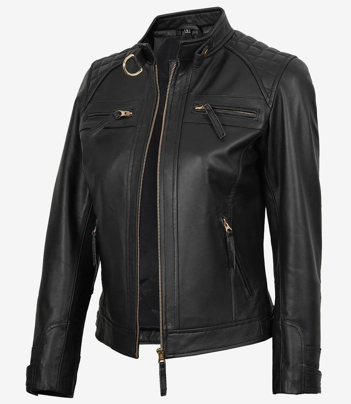 Women's Black Lambskin Leather Biker Jacket with Golden Accents-Leather Jackets-Glompi-XS-Glompi
