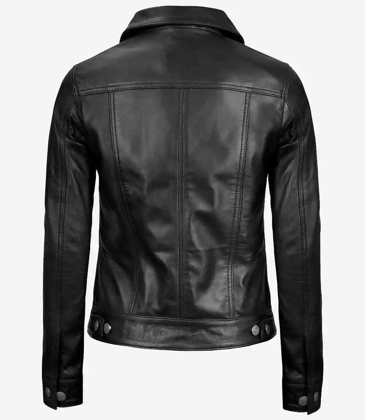 Womens Black Lambskin Leather Trucker Jacket with Four Pockets 7