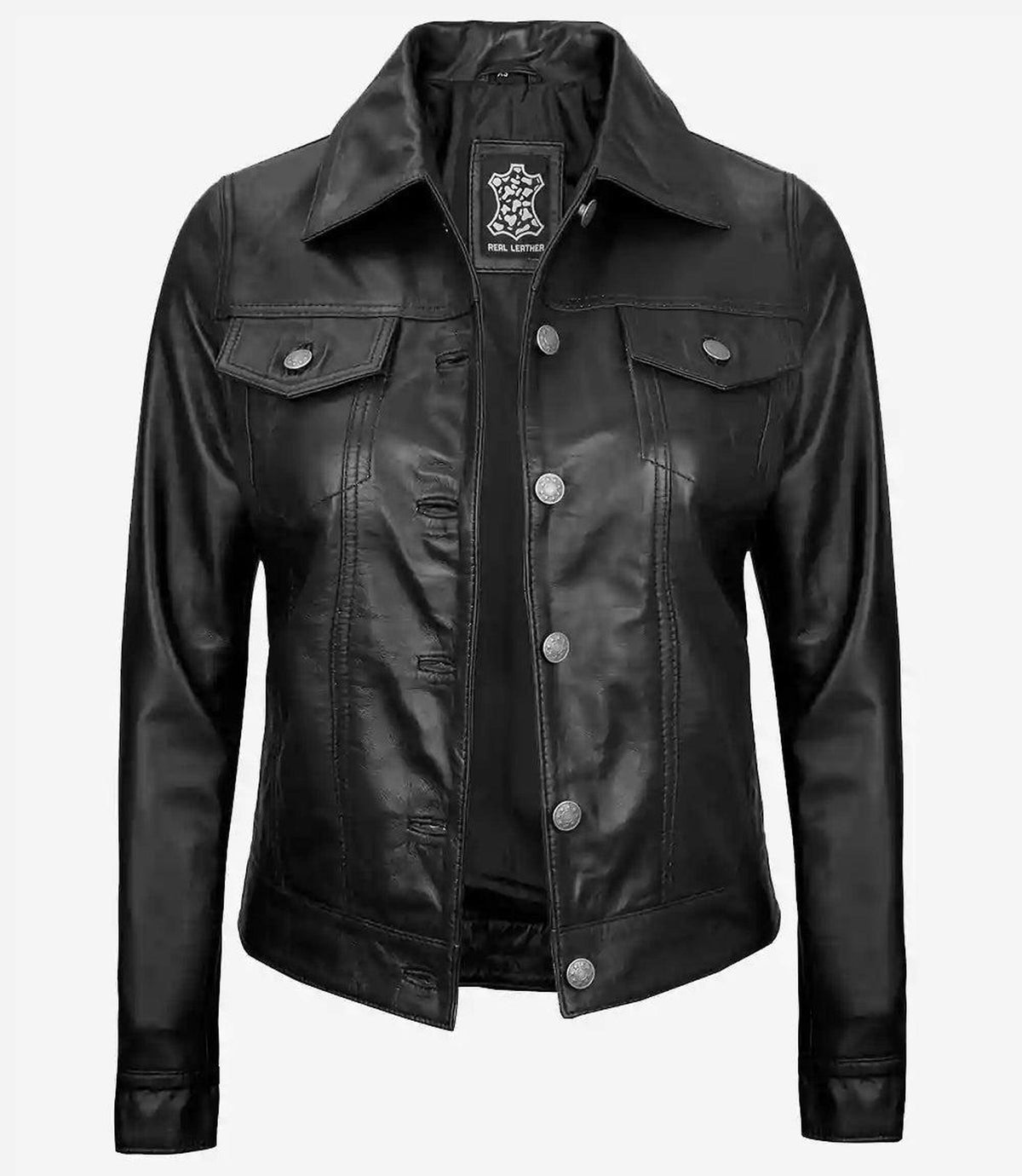 Womens Black Lambskin Leather Trucker Jacket with Four Pockets 3