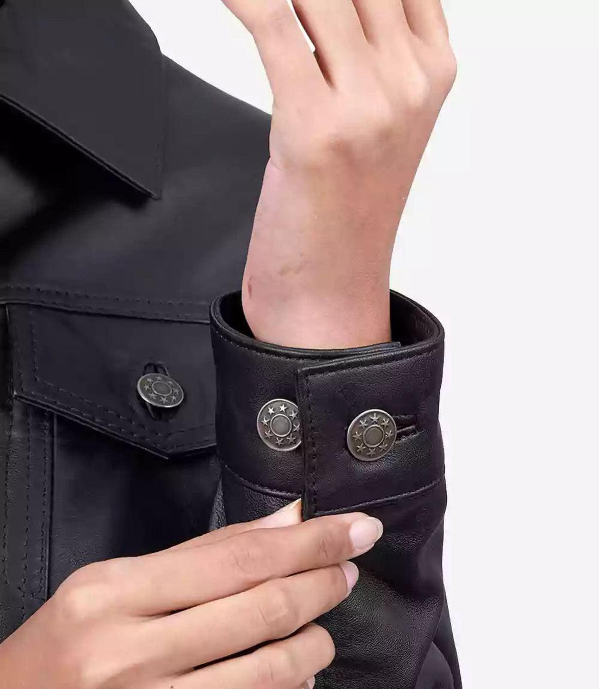 Womens Black Lambskin Leather Trucker Jacket with Four Pockets 6