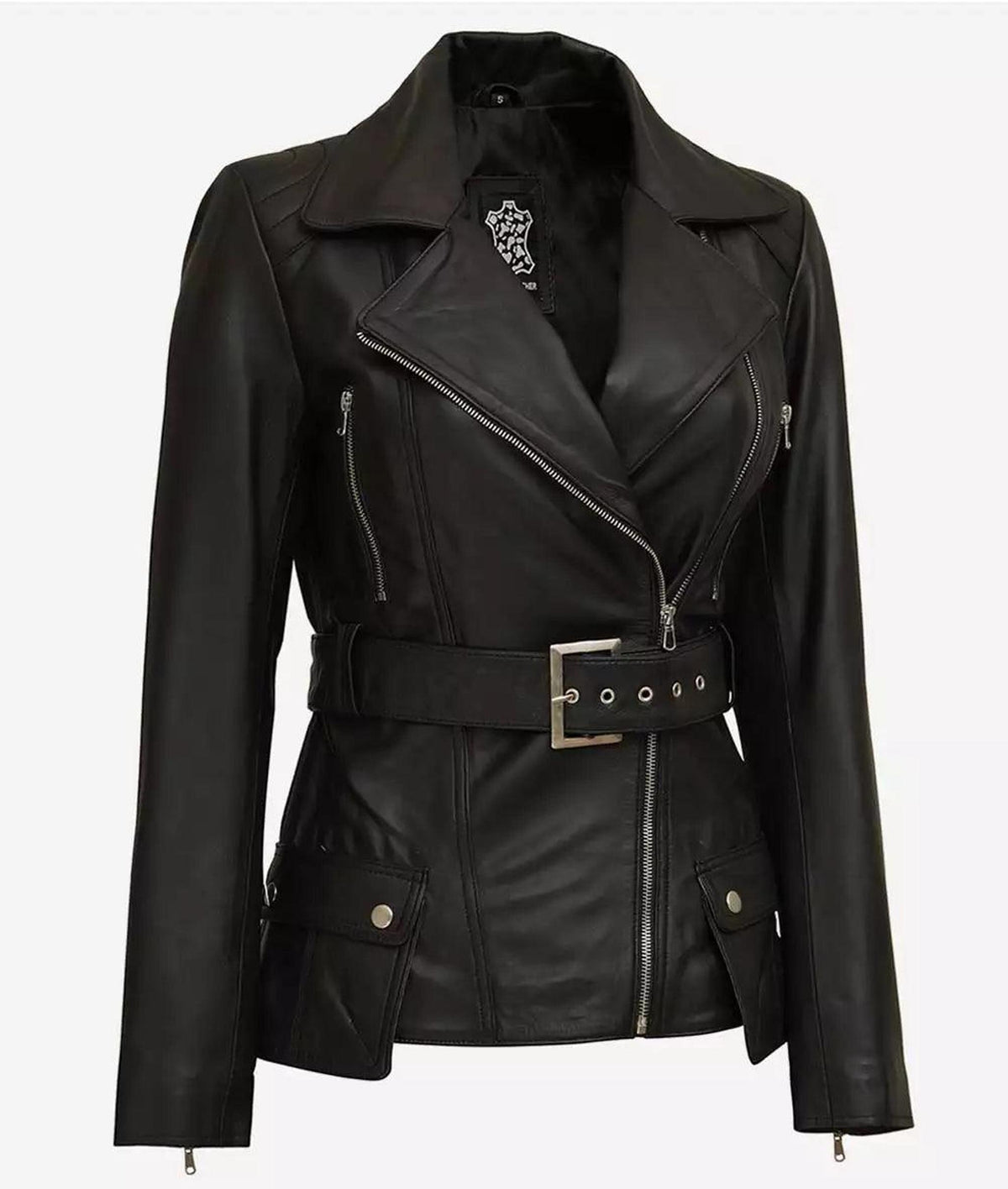 Womens Black Lambskin Leather Trucker Jacket with Four Pockets-Leather Jackets-Glompi-Glompi