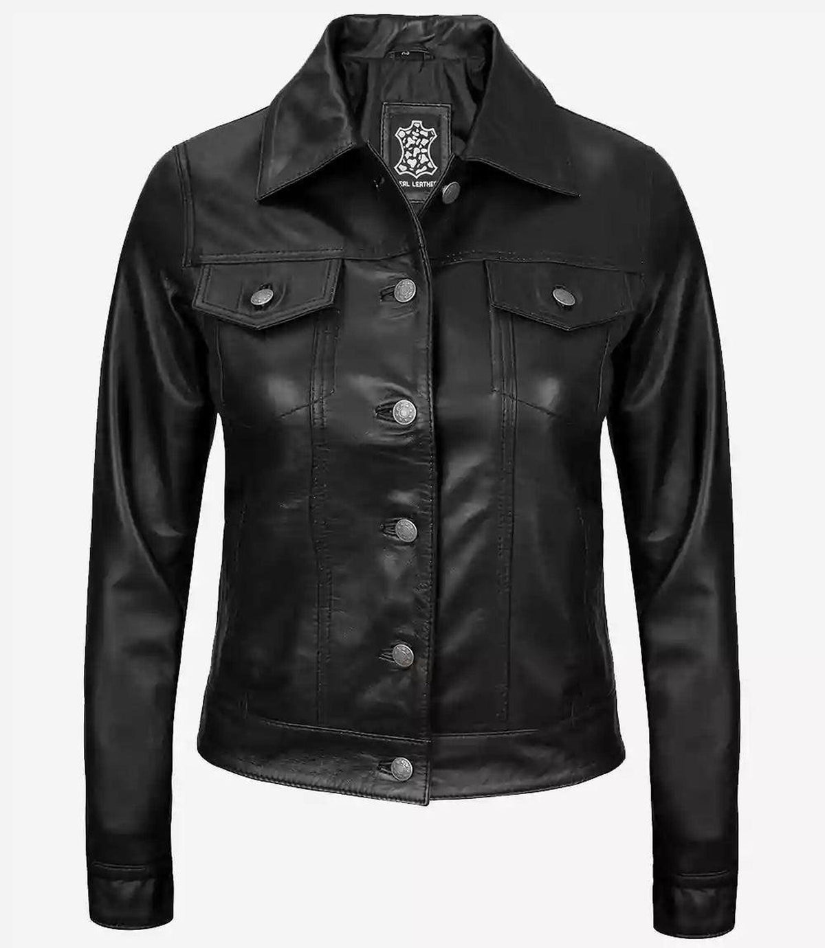 Womens Black Lambskin Leather Trucker Jacket with Four Pockets 4
