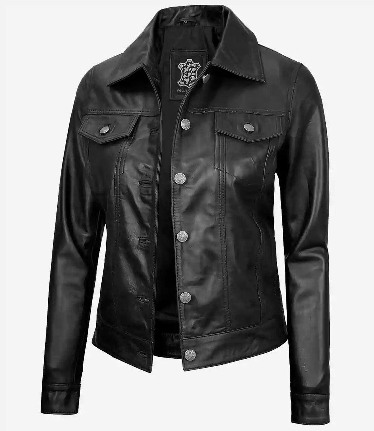 Womens Black Lambskin Leather Trucker Jacket with Four Pockets 2