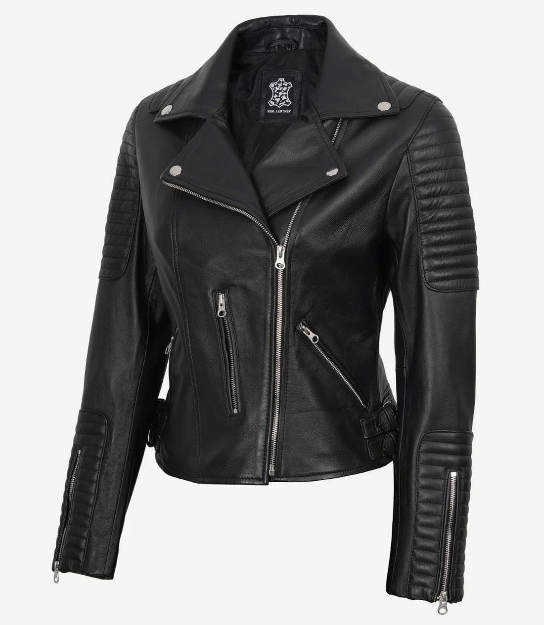 Women's Black Leather Biker Jacket with Asymmetrical Zip 2