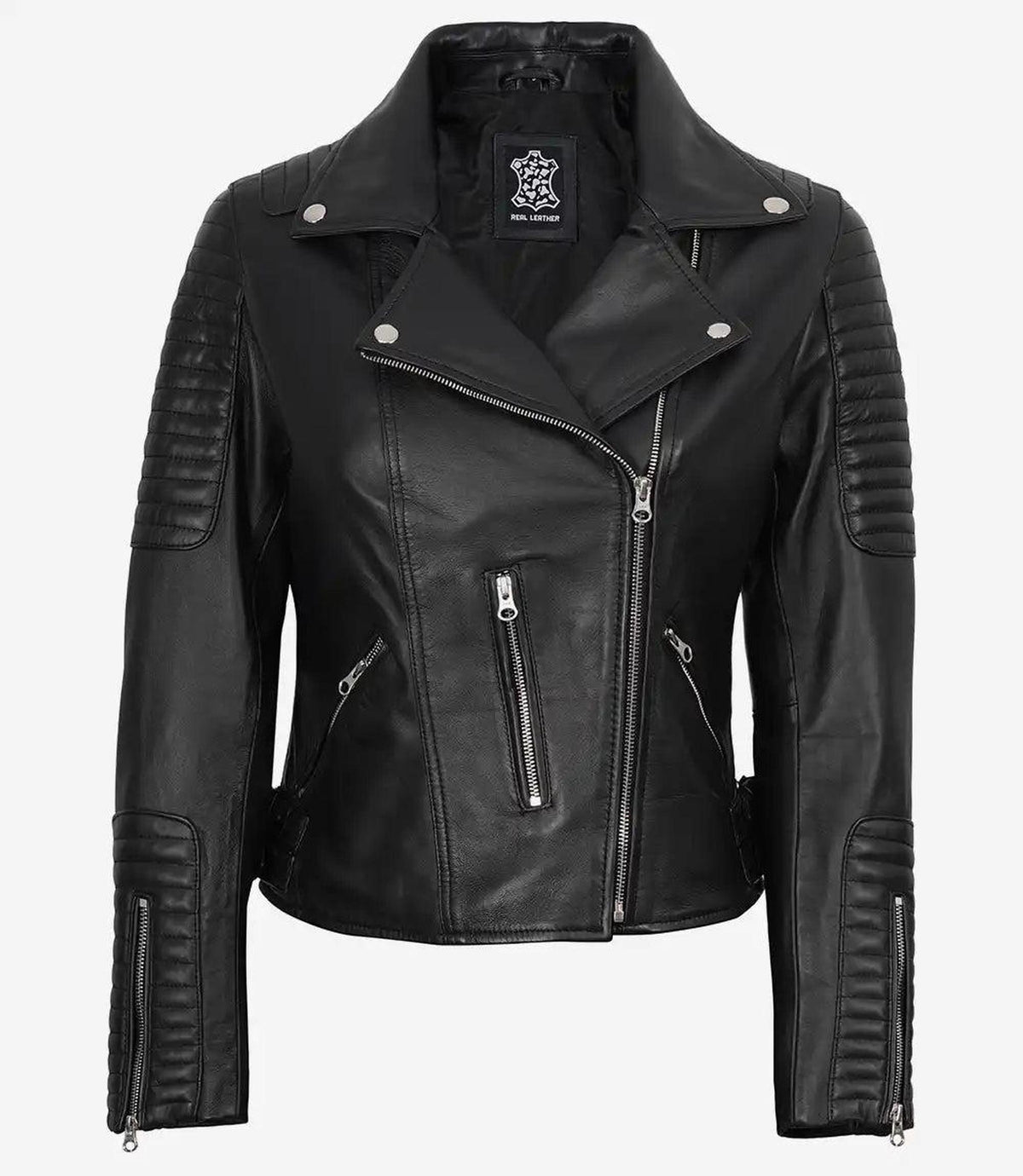 Women's Black Leather Biker Jacket with Asymmetrical Zip 4
