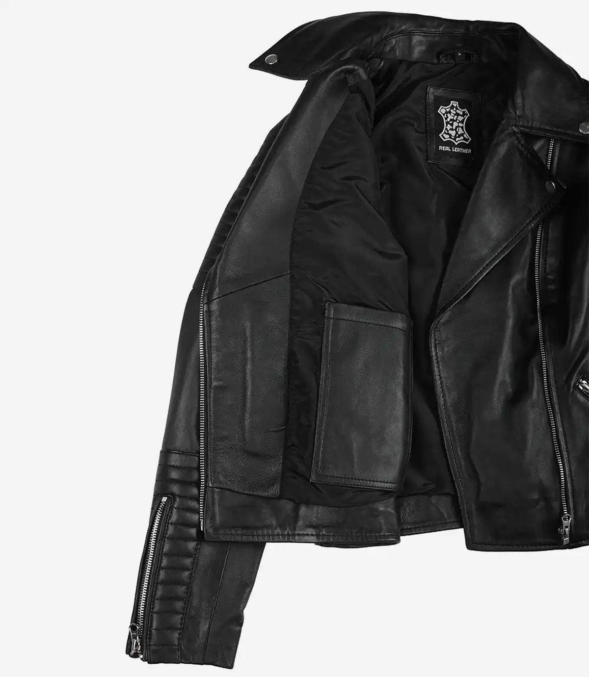 Women's Black Leather Biker Jacket with Asymmetrical Zip 5