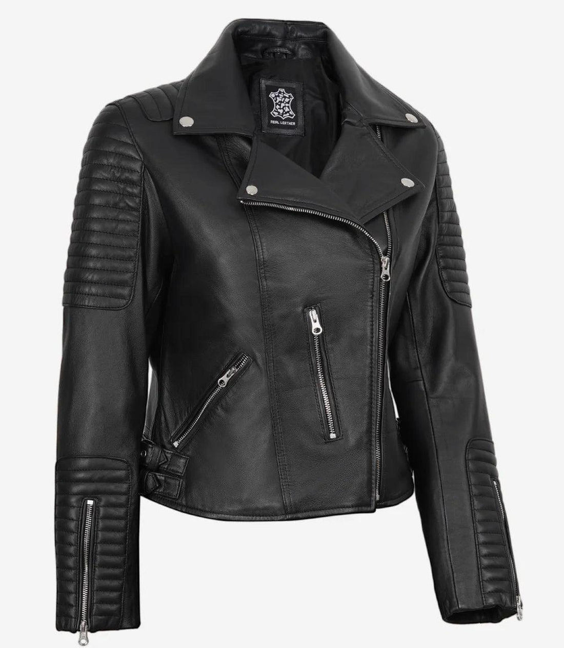 Women's Black Leather Biker Jacket with Asymmetrical Zip 2