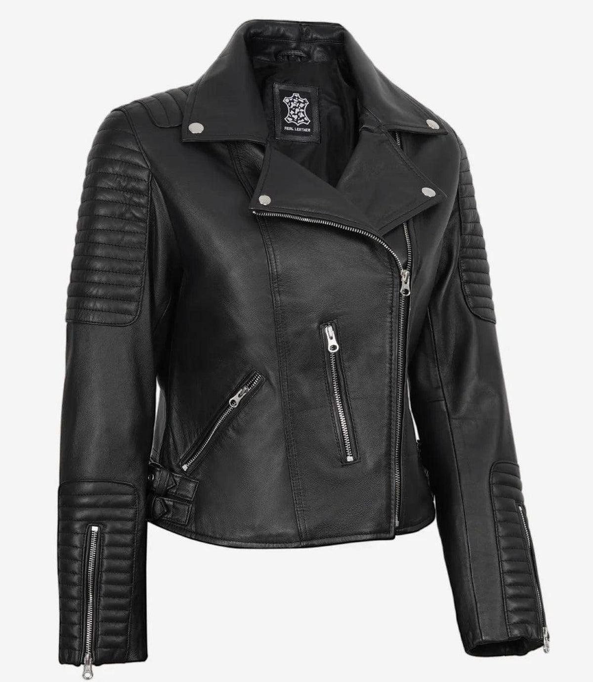 Women's Black Leather Biker Jacket with Asymmetrical Zip 2