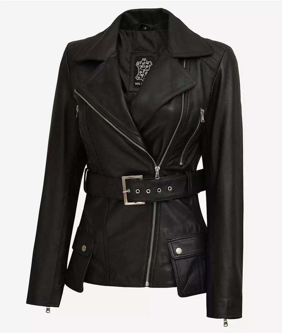 Asymmetrical Black Leather Biker Jacket with Belt 2
